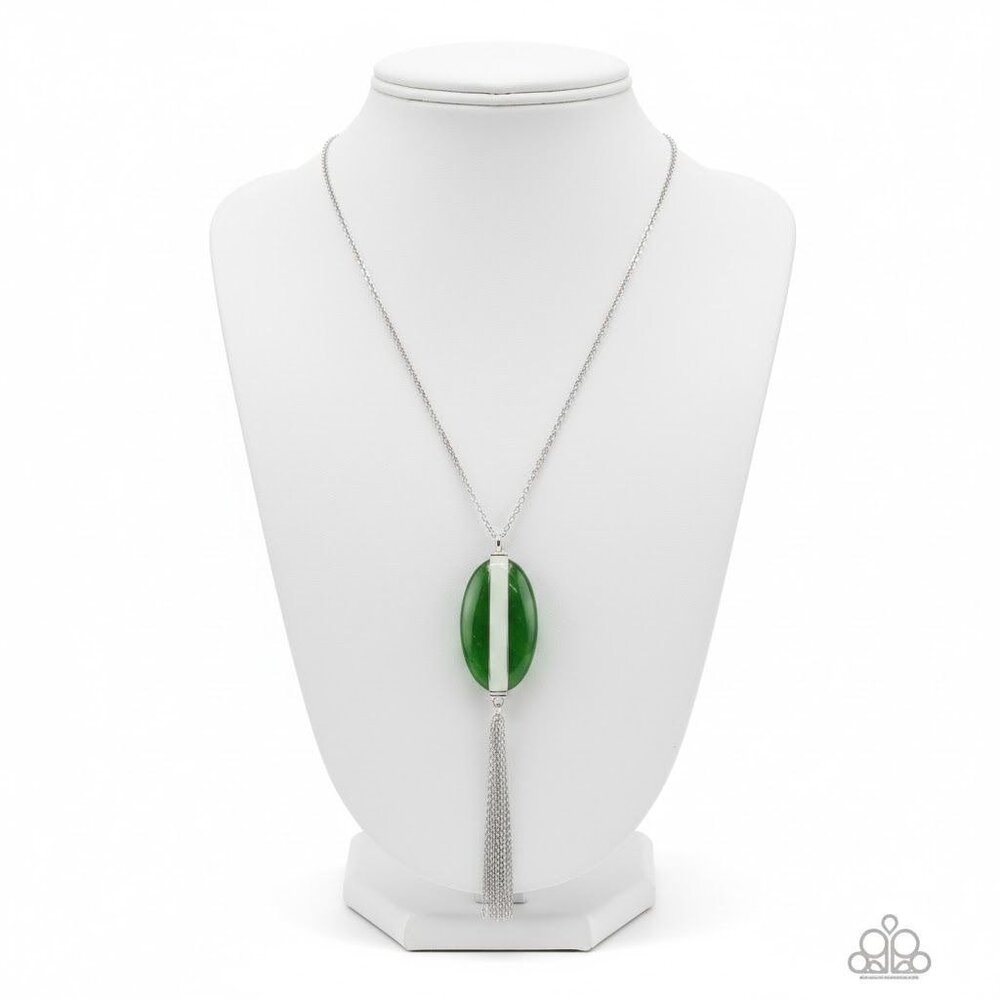 Tranquility Trend Sage Green & Silver Tassel Necklace - Chain Pendant Drop Boho